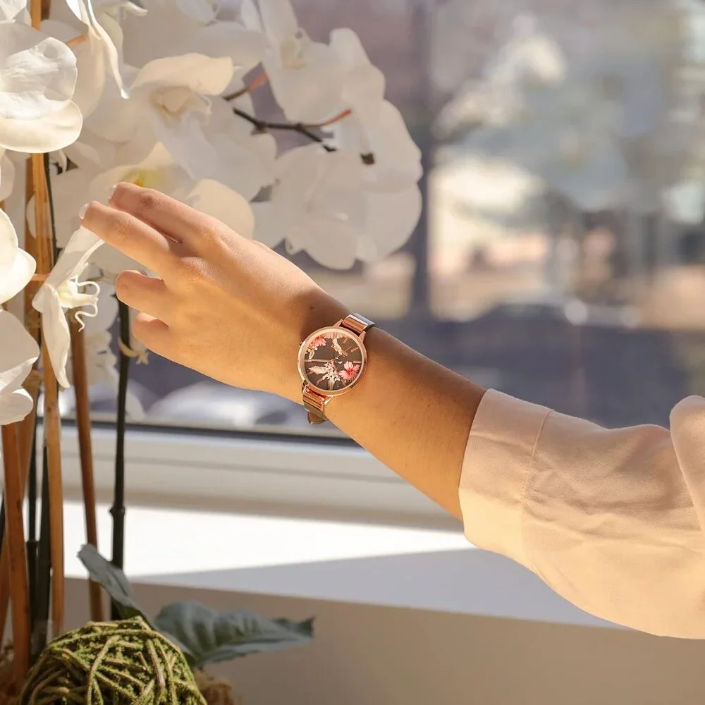 Women's Floral Gray/Rose Crystal Lens Smooth Leather Strap Buckle Closure Watch